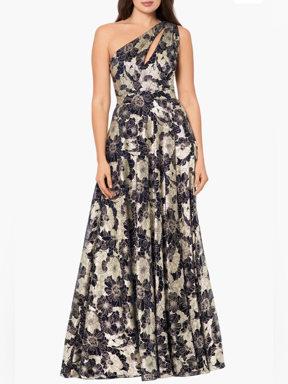 Betsy & Adam - Metallic One-Shoulder Floral Elegant Evening Gown Navy Blue